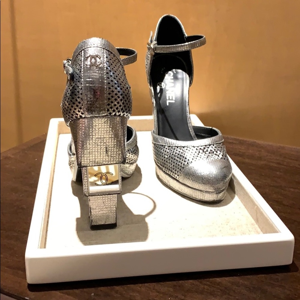 Chanel Silver Mirror Platform Heels
